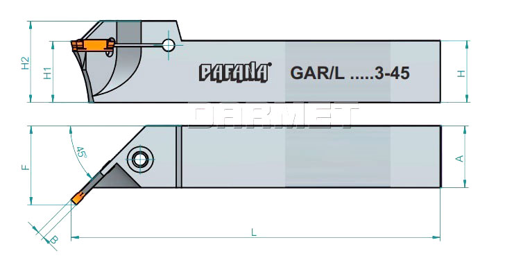 nóż tokarski do podcięć technologicznych GAR2525M3-45 - rysunek techniczny