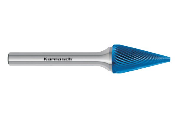 Pilnik obrotowy stożkowy ostry SKM HP-5 z węglika | z powłoką BLUE-TEC | frez do stali | 3 x 11 mm | chwyt 3 mm | długość 38 mm - KARNASCH 115093015