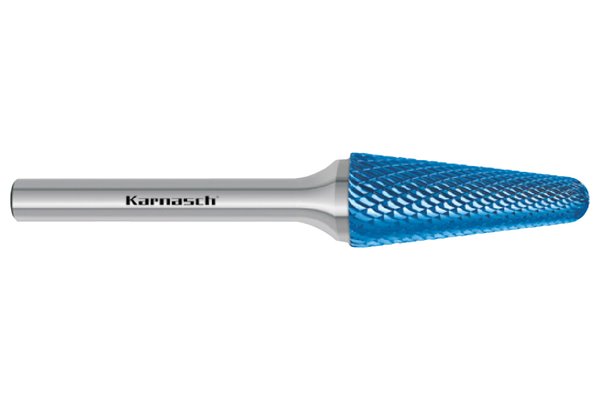 Pilnik obrotowy stożkowy z czołem kulistym KEL HP-4 z węglika | z powłoką BLUE-TEC | frez do stali | 6 x 18 mm | długość 50 mm | chwyt 6 mm - KARNASCH 115082020