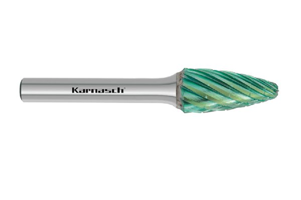 Pilnik obrotowy łukowy z czołem kulistym RBF HP-3 PRO z węglika | z powłoką GREEN-TEC | frez do metalu 10 x 20 mm | chwyt 6 mm - KARNASCH 116095030