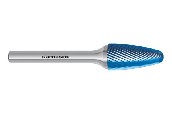 Pilnik obrotowy łukowy z czołem kulistym RBF HP-5 z węglika | z powłoką BLUE-TEC | frez do stali | 12 x 25 mm | chwyt 6 mm | długość 70 mm - KARNASCH 115053050