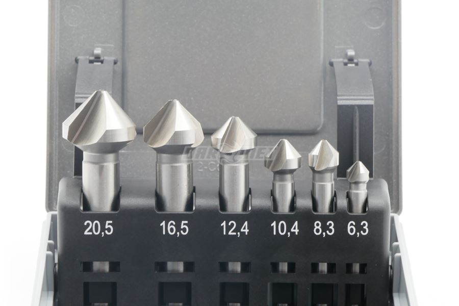 Pogłębiacz stożkowy 90° 3-ostrzowy z chwytem walcowym | DIN 335-C | HSS | 6,3 - 20,5 mm - komplet 6 sztuk - 43150001