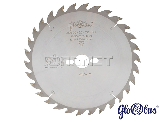 Piła tarczowa do cięcia wzdłużnego drewna litego 250 x 30 x 3 mm GLOBUS (PS010-0250-0009)