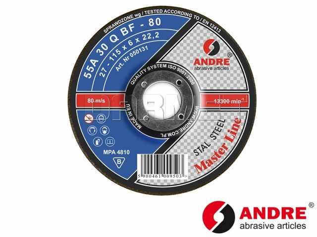 Tarcza wypukła do szlifowania MASTER-LINE | typ 27 - 125 x 6 x 22,2 mm | 55A 30Q - ANDRE 050192