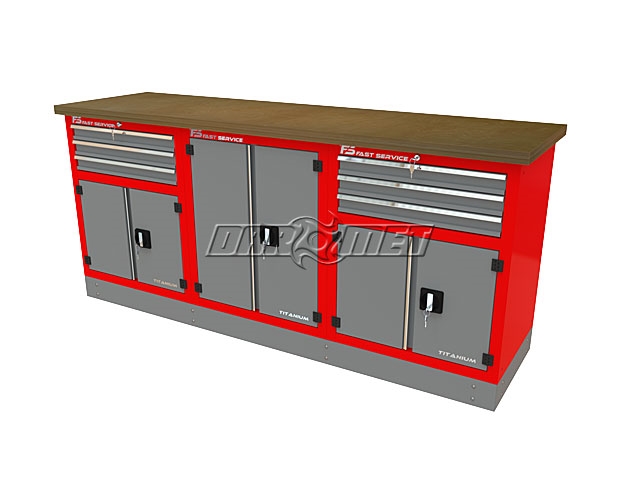 Mocny metalowy stół warsztatowy z szafkami 209x60cm - FAST SERVICE (T-30-40-30-01)