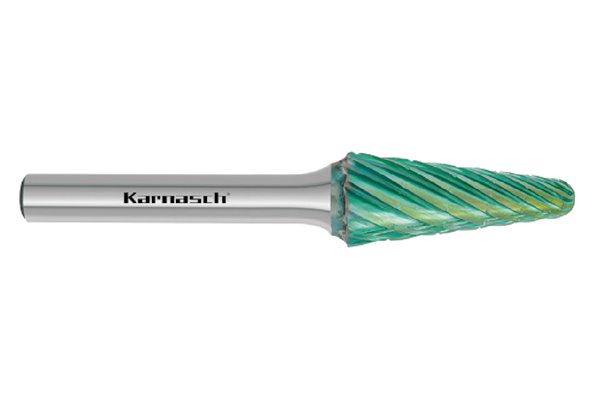 Pilnik stożkowy z czołem kulistym KEL HP-3 PRO z węglika | z powłoką GREEN-TEC | frez do metalu 18 x 6 mm | chwyt 6 mm - KARNASCH 116098010