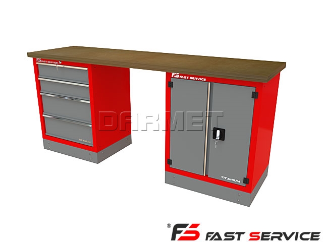 Mocny metalowy stół warsztatowy z szafkami 209x60cm - FAST SERVICE (T-23-40-01)