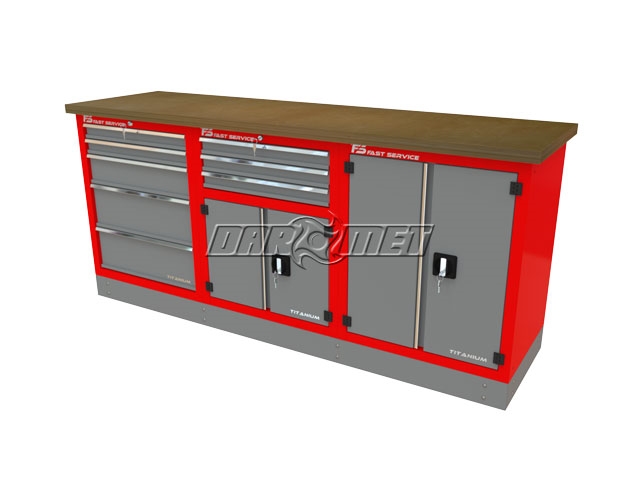 Mocny metalowy stół warsztatowy z szafkami 209x60cm - FAST SERVICE (T-22-30-40-01)