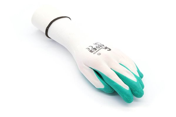 Rękawice robocze białe poliestrowe z zielonym lateksem, 480, rozmiar 9 - Consorte