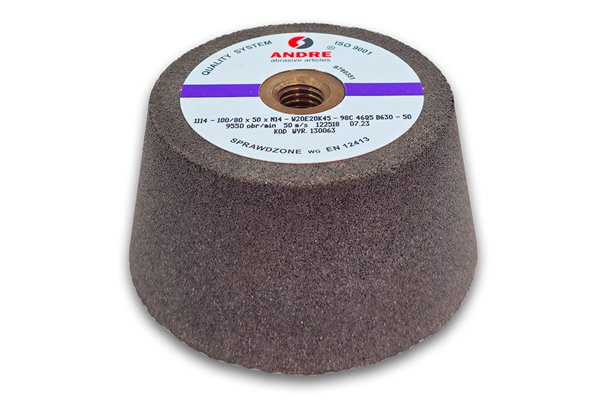 Ściernica garnkowa stożkowa z wkładką gwintowaną  typ 1114 - 100/80 mm × 50 mm × M14 - W20E20K45 - 98C46Q5B630 - ANDRE 130063