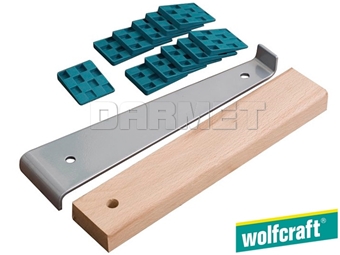 Zdjęcie Zestaw do układania paneli: łyżka dociągająca, dobijak drewniany, kliny dylatacyjne - WOLFCRAFT WF6931000
