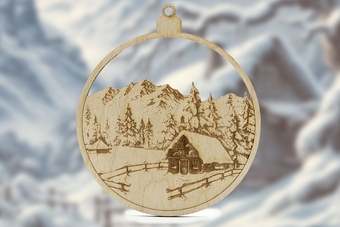 Zdjęcie Ozdoba Świąteczna Bombka Choinkowa ze sklejki | Dom w górach zimą | średnica 9,5 cm - DARMET