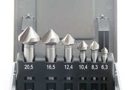 Pogłębiacz stożkowy 90° 3-ostrzowy z chwytem walcowym | DIN 335-C | HSS | 6,3 - 20,5 mm - komplet 6 sztuk - 43150001