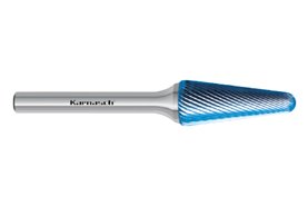 Pilnik obrotowy stożkowy z czołem kulistym KEL HP-5 z węglika | z powłoką BLUE-TEC | frez do stali | 3 x 10 mm | chwyt 3 mm | długość 38 mm - KARNASCH 115083005