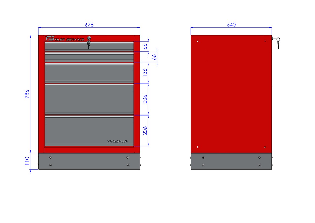 rysunek techniczny stojącej szafki warsztatowej z szufladami model T22