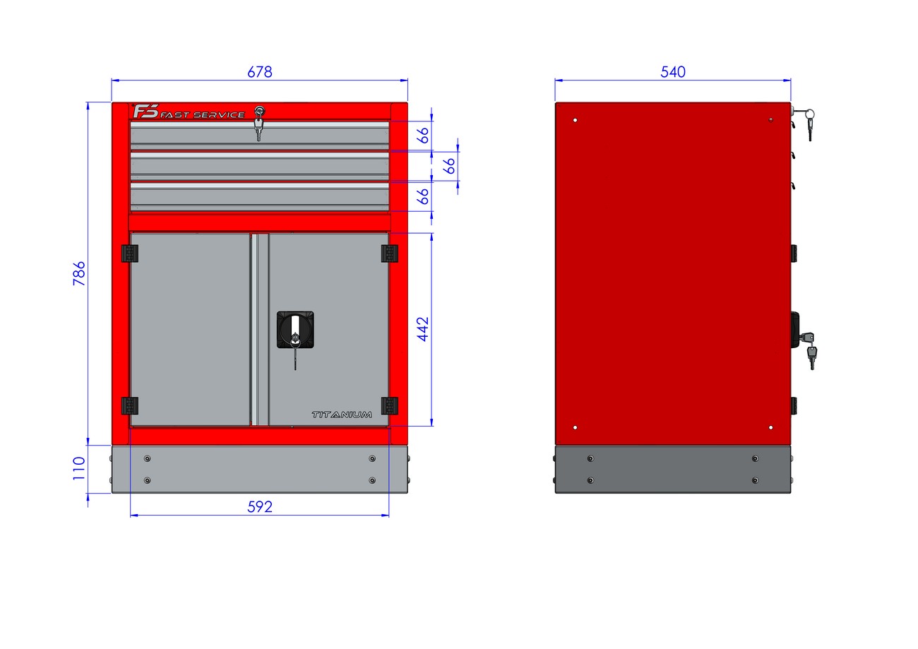 rysunek techniczny stojącej szafki warsztatowej z szufladami model T30