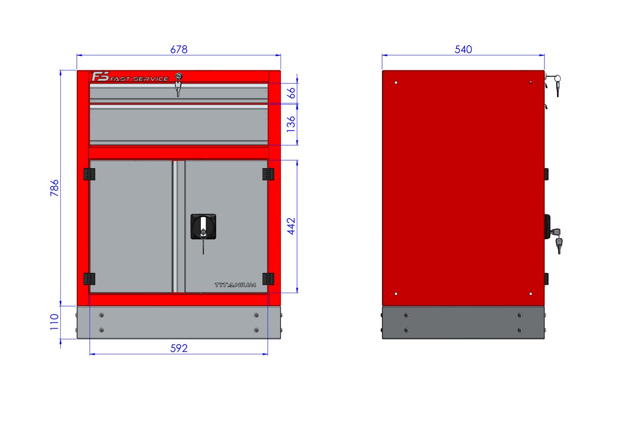 rysunek techniczny stojącej szafki warsztatowej z szufladami model T31