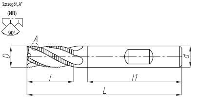 rysunek techniczny frezów trzpieniowych czteroostrzowych model dolfa pmnr