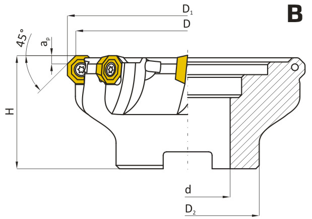 Frez składany nasadzany 8-ostrzowy walcowo-czołowy FD45OD06 - rysunek techniczny