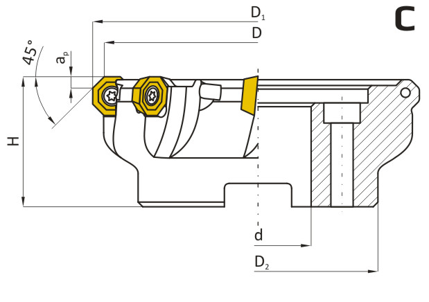 Frez składany nasadzany 9-ostrzowy walcowo-czołowy FD45OD06 - rysunek techniczny