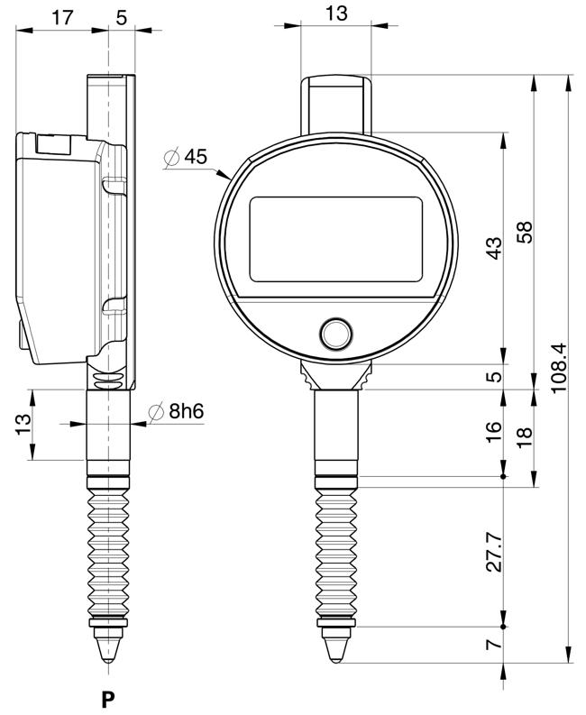 czujnik elektroniczny sylvac S Dial MINI Basic IP67 - wymiary